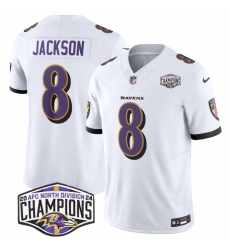 Men Baltimore Ravens 8 Lamar Jackson White F U S E 2024 AFC North Division Champions Vapor Limited Football Jersey