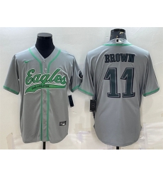 Men Philadelphia Eagles 11 A  J  Brown Grey With Patch Cool Base Stitched Baseball Jersey