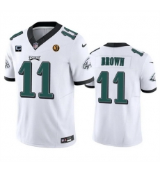 Men Philadelphia Eagles 11 A  J  Brown White 2023 F U S E  With 1 Star C Patch And John Madden Patch Vapor Limited Stitched Football Jersey