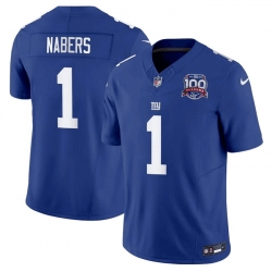 Men New York Giants 1 Malik Nabers Blue 2024 Draft F U S E  100TH Season Patch Vapor Untouchable Limited Stitched Jersey