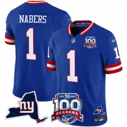 Men New York Giants 1 Malik Nabers Royal 2024 F U S E 100th Season And State Patch Vapor Limited Stitched Football Jersey