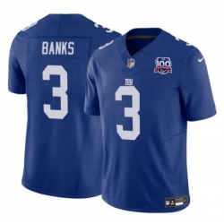 Men New York Giants 3 Deonte Banks Blue 2024 F U S E  100TH Season Patch Vapor Untouchable Limited Stitched Jersey