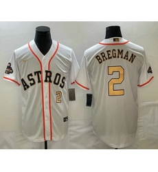 Mens Houston Astros #2 Alex Bregman Number 2023 White Gold World Serise Champions Patch Cool Base Stitched Jersey