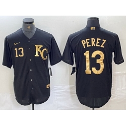 Men Kansas City Royals 13 Salvador Perez Black Gold Cool Base Stitched Jersey 2