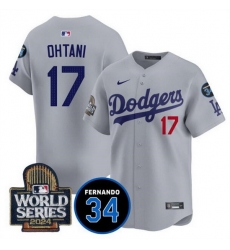 Men Los Angeles Dodgers 17 Shohei Ohtani Grey 2024 World Series With Fernando Memorial Patch Limited Stitched Baseball Jersey