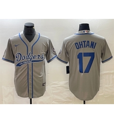 Men Los Angeles Dodgers 17 Shohei Ohtani Grey Cool Base With Patch Stitched Baseball Jersey