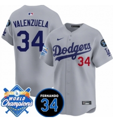 Men Los Angeles Dodgers 34 Fernando Valenzuela Grey 2024 World Champions  26 Fernando Memorial Patch Vapor Premier Limited Stitched Baseball Jersey