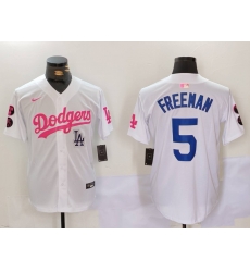 Men Los Angeles Dodgers 5 Freddie Freeman White Pink Vin  26 Kobe Patch Stitched Baseball Jersey 1