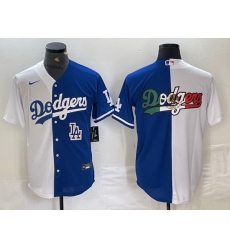 Men Los Angeles Dodgers Team Big Logo White Blue Split Cool Base Stitched Baseball Jersey 5