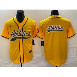 Men Oakland Athletics Yellow Team Big Logo Cool Base Stitched Baseball Jersey 002