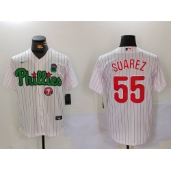 Men Philadelphia Phillies 55 Ranger Suarez White Green Cool Base Stitched Jersey 5