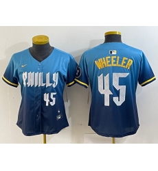 Women Philadelphia Phillies 45 Zack Wheeler Blue 2024 City Connect Limited Stitched Baseball Jersey 2