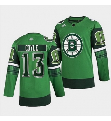 Men Boston Bruins 13 Charlie Coyle 2022 Green St Patricks Day Warm Up Stitched jersey