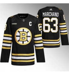 Men Boston Bruins 63 Brad Marchand Black With Rapid7 Patch 100th Anniversary Stitched Jersey