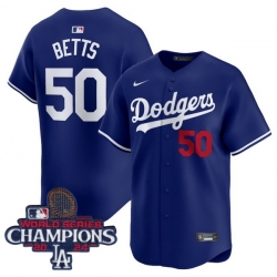 Men Nike Los Angeles Dodgers Mookie Betts #50 Blue Flex Base 2024 World Series Champions Stitched MLB Jersey