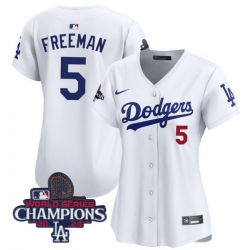 Women Nike Los Angeles Dodgers Freddie Freeman #5 White Flex Base 2024 World Series Champions Stitched MLB Jersey