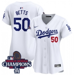 Women Nike Los Angeles Dodgers Mookie Betts #50 White Flex Base 2024 World Series Champions Stitched MLB Jersey